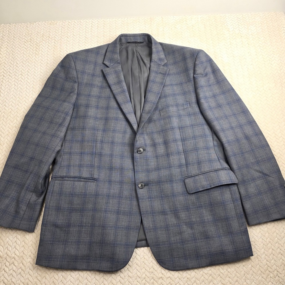 Jos A Bank Traveler Blazer Mens 48R Grey Blue Plaid 100% Wool Jacket